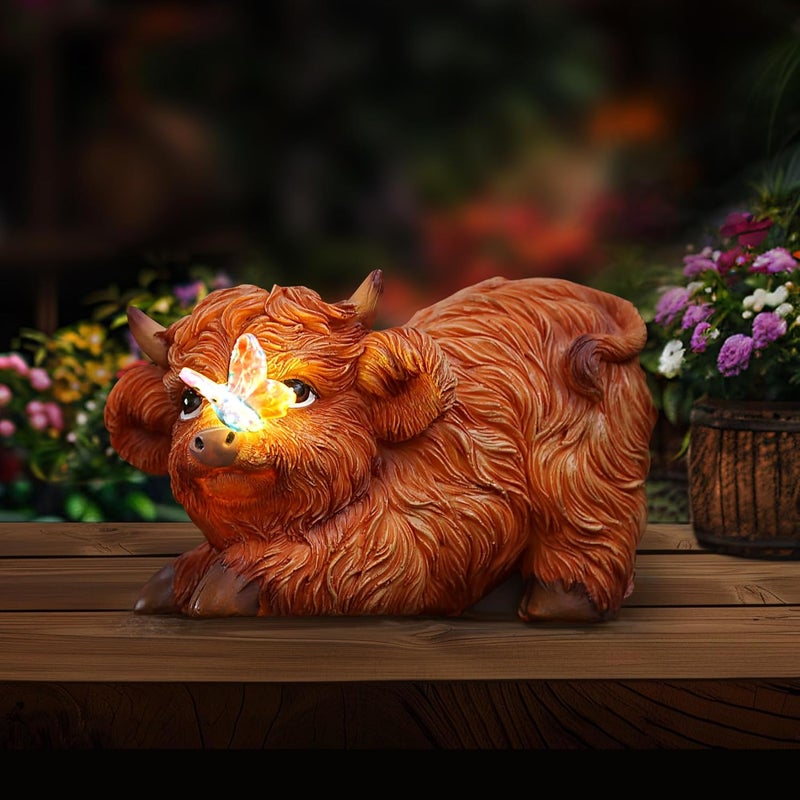 Roundot Store Highland Cow Solar Powered Outdoor Garden Statue, Resin Highland Cow Statue with Solar Light Lantern, Decorative Lawn, Yard Outdoor Highland Cow Decor. Unique home decorations, gifts for women - Image 1